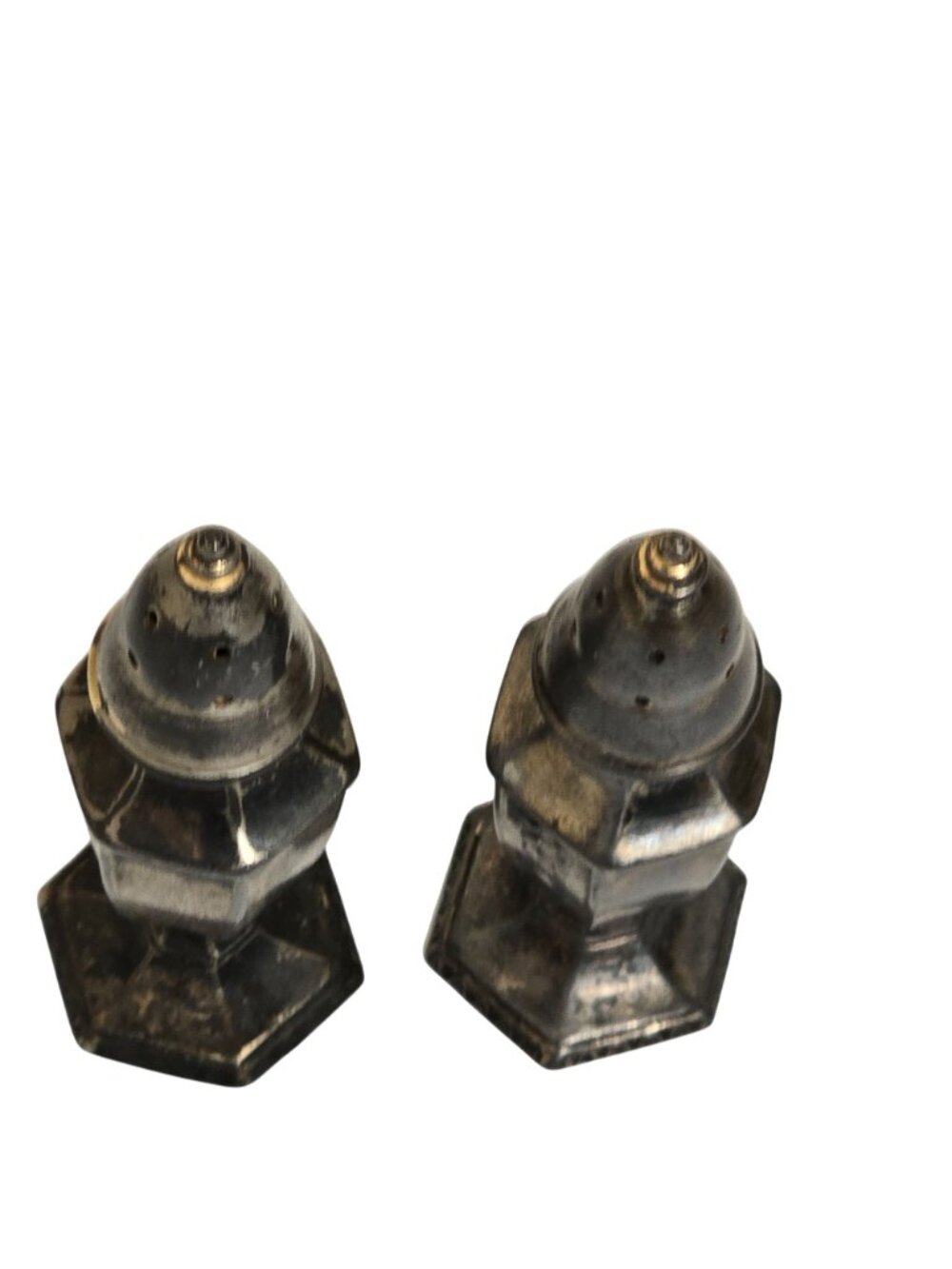 Vintage Silver-Plated Salt & Pepper Shaker Set With Hexagonal Base Made In USA - Picture 5 of 9